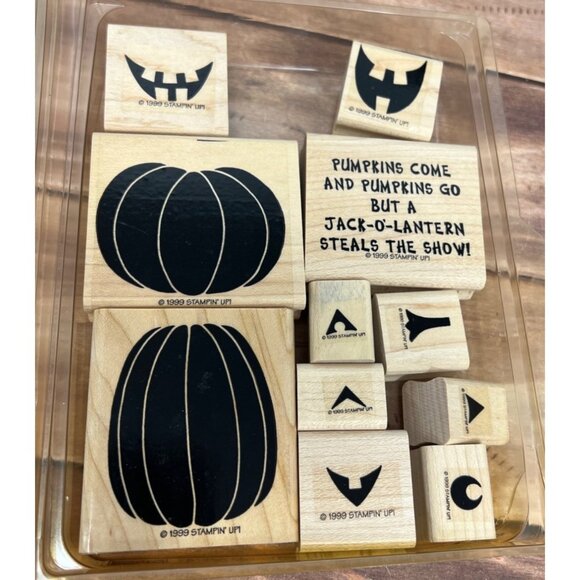 1999 STAMPIN' UP! JACK O LANTERN FUN WOOD MOUNT RUBBER STAMP SET PUMPKIN S STEP - Picture 1 of 7